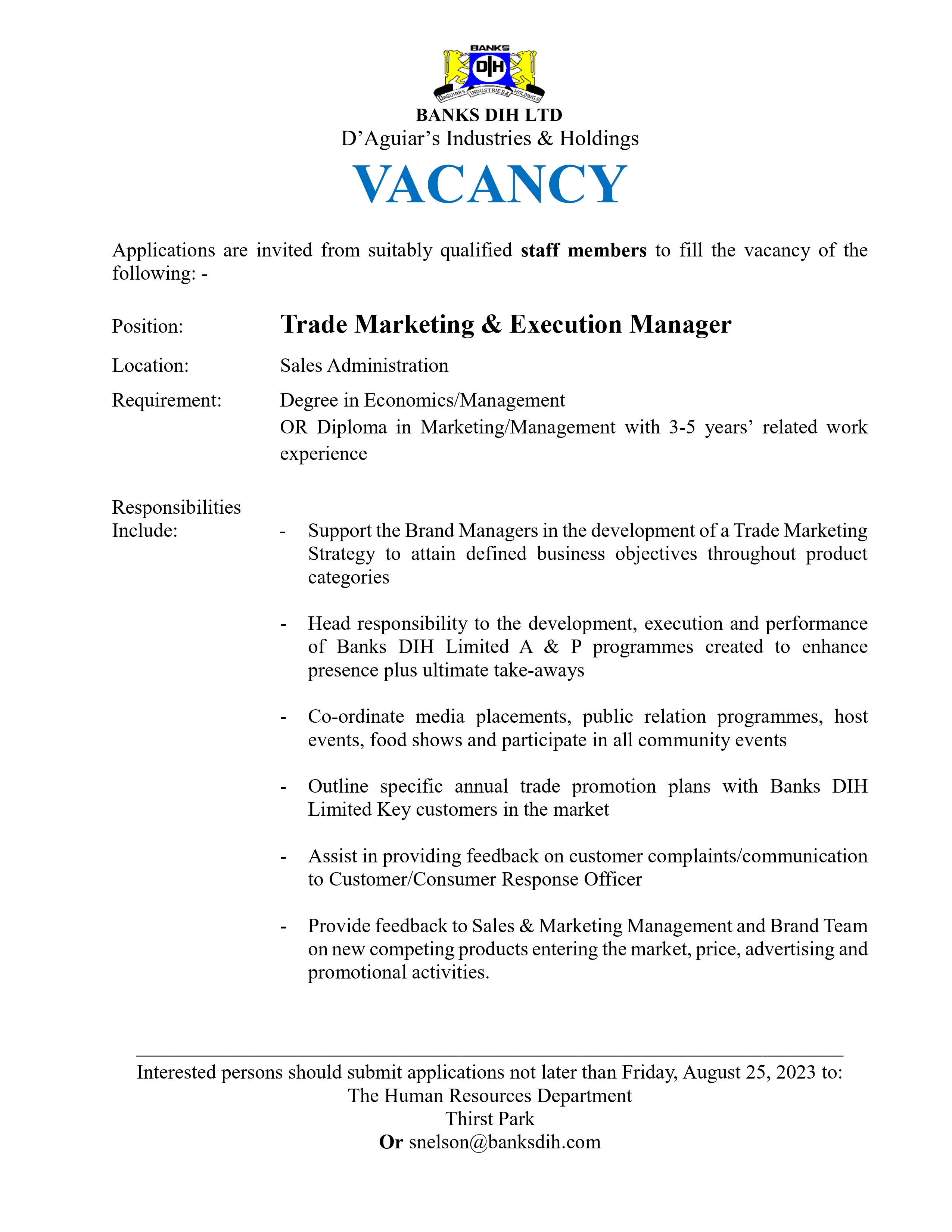 Trade Marketing & Execution Manager Vacancy 
