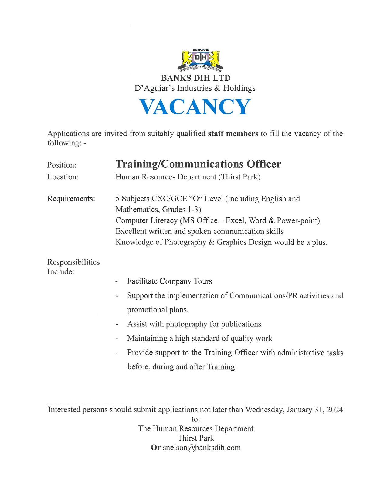 Training/Communications Officer Vacancy